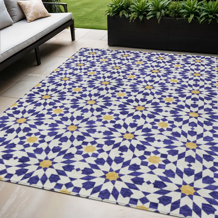5' X 8' Navy Blue And Ivory Floral Medallion Washable Indoor Outdoor Area Rug