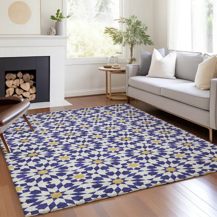 5' X 8' Navy Blue And Ivory Floral Medallion Washable Indoor Outdoor Area Rug