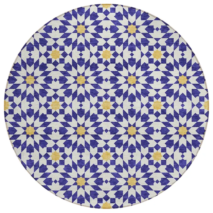 8' Navy Blue And Ivory Round Floral Medallion Washable Indoor Outdoor Area Rug