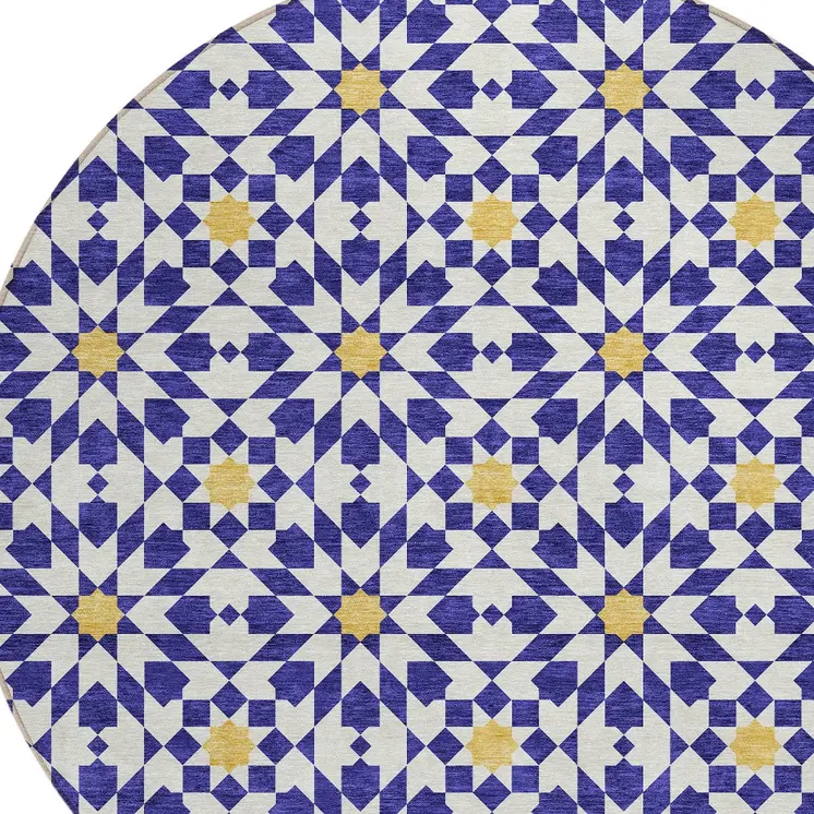8' Navy Blue And Ivory Round Floral Medallion Washable Indoor Outdoor Area Rug