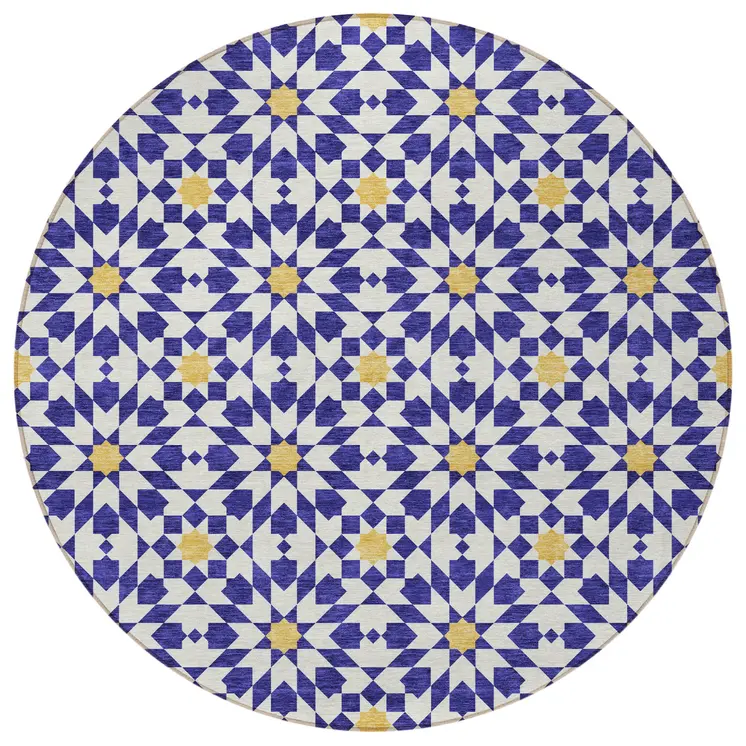 8' Navy Blue And Ivory Round Floral Medallion Washable Indoor Outdoor Area Rug