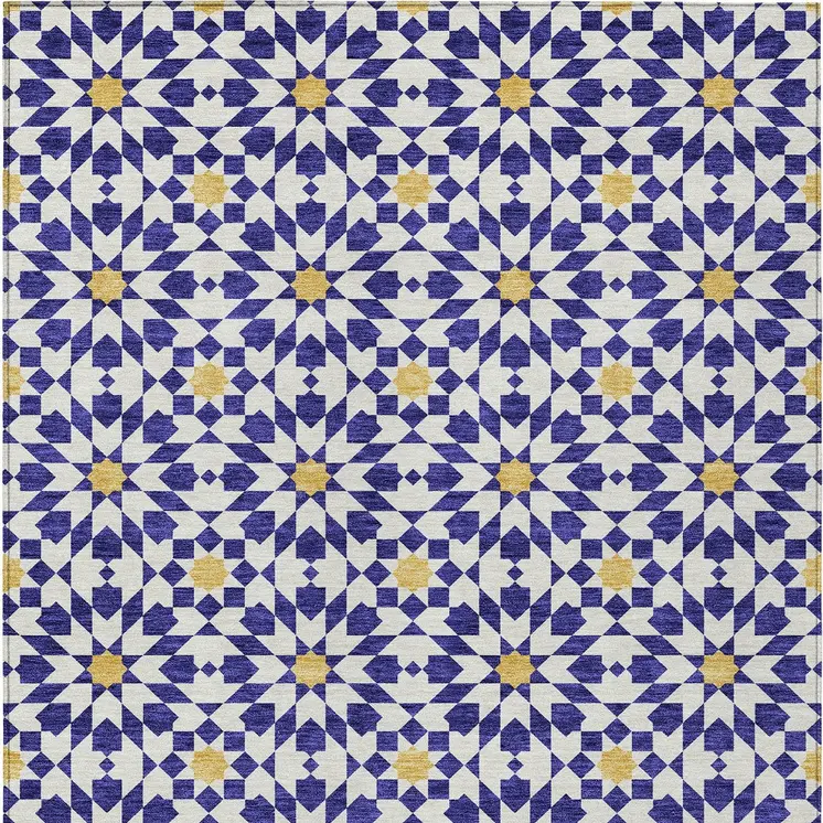 10' X 14' Navy Blue And Ivory Floral Medallion Washable Indoor Outdoor Area Rug