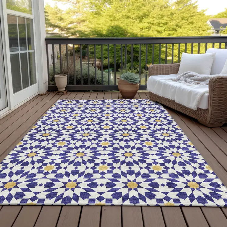 10' X 14' Navy Blue And Ivory Floral Medallion Washable Indoor Outdoor Area Rug