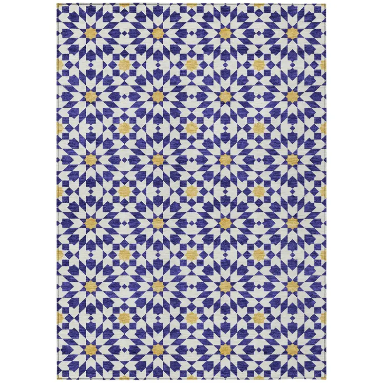 10' X 14' Navy Blue And Ivory Floral Medallion Washable Indoor Outdoor Area Rug