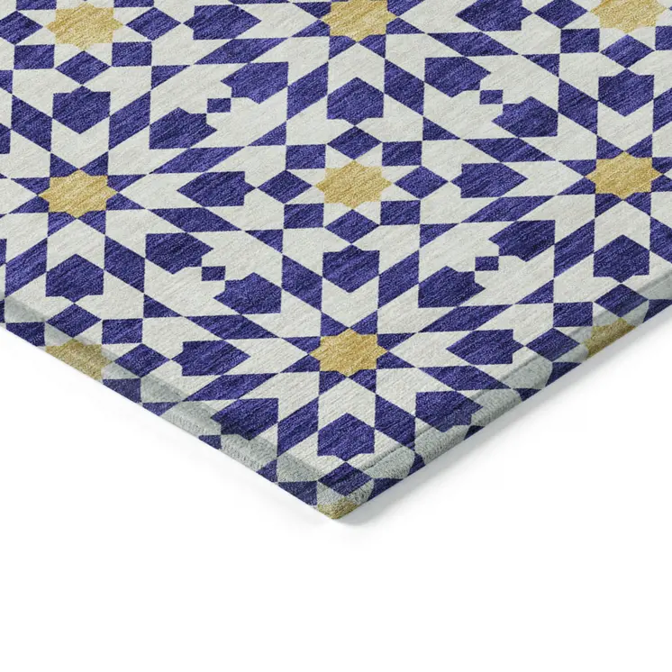 10' X 14' Navy Blue And Ivory Floral Medallion Washable Indoor Outdoor Area Rug