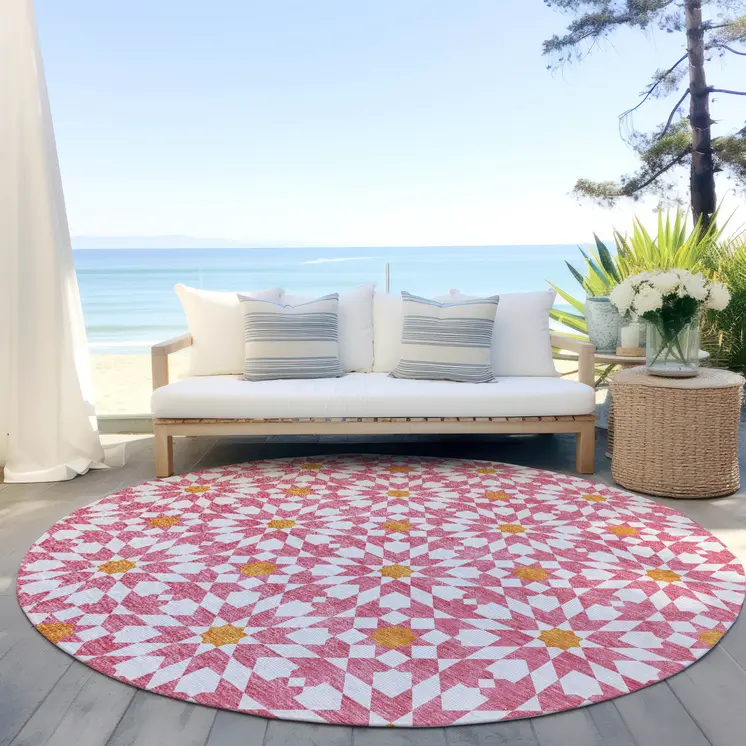 8' Pink Ivory And Orange Round Floral Medallion Washable Indoor Outdoor Area Rug