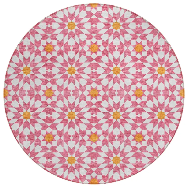 8' Pink Ivory And Orange Round Floral Medallion Washable Indoor Outdoor Area Rug