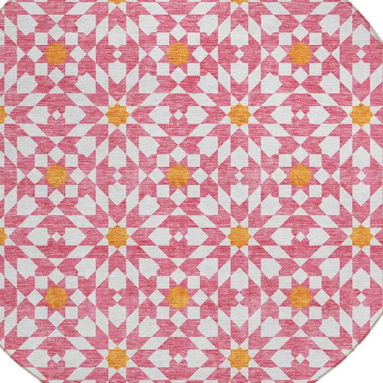 8' Pink Ivory And Orange Round Floral Medallion Washable Indoor Outdoor Area Rug