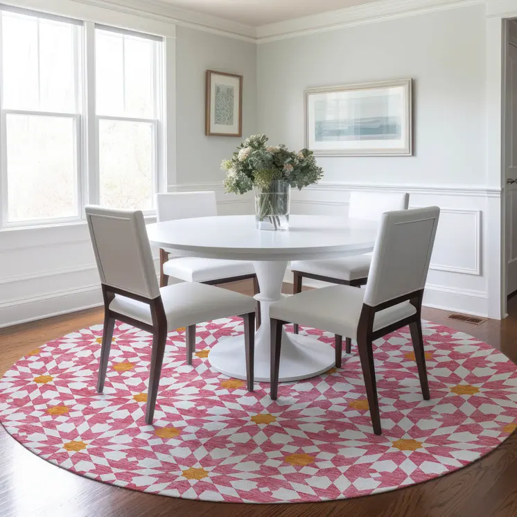 8' Pink Ivory And Orange Round Floral Medallion Washable Indoor Outdoor Area Rug