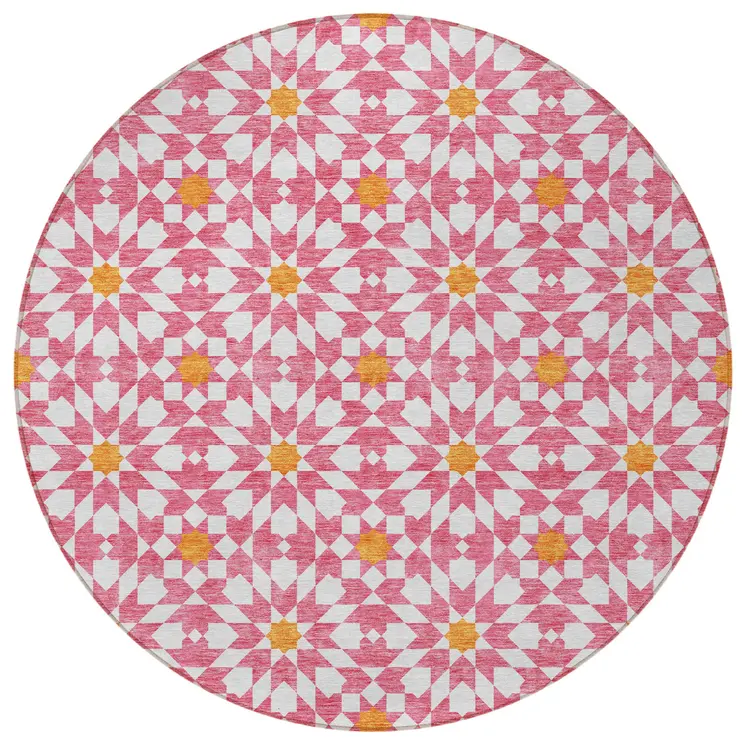 8' Pink Ivory And Orange Round Floral Medallion Washable Indoor Outdoor Area Rug