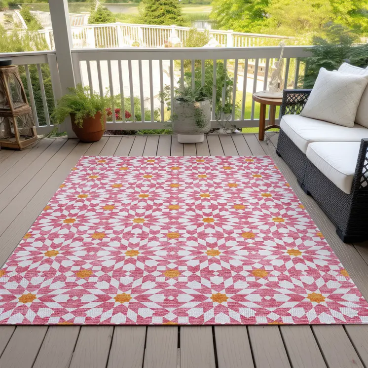 8' X 10' Pink Ivory And Orange Floral Medallion Washable Indoor Outdoor Area Rug