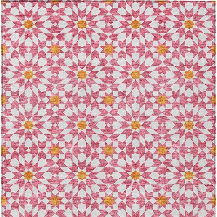 9' X 12' Pink Ivory And Orange Floral Medallion Washable Indoor Outdoor Area Rug