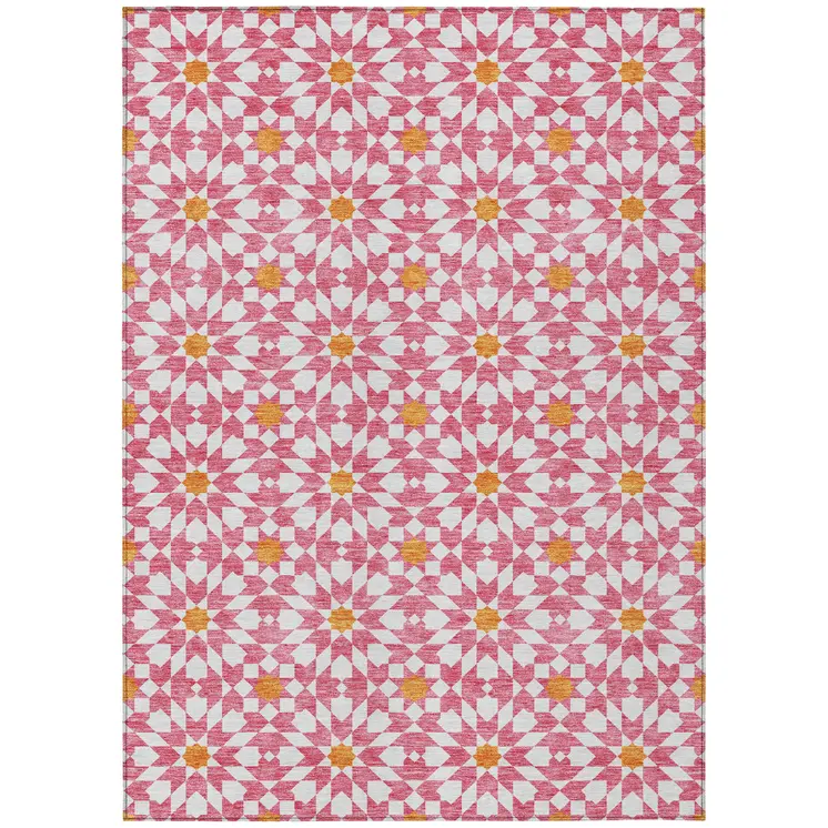 9' X 12' Pink Ivory And Orange Floral Medallion Washable Indoor Outdoor Area Rug