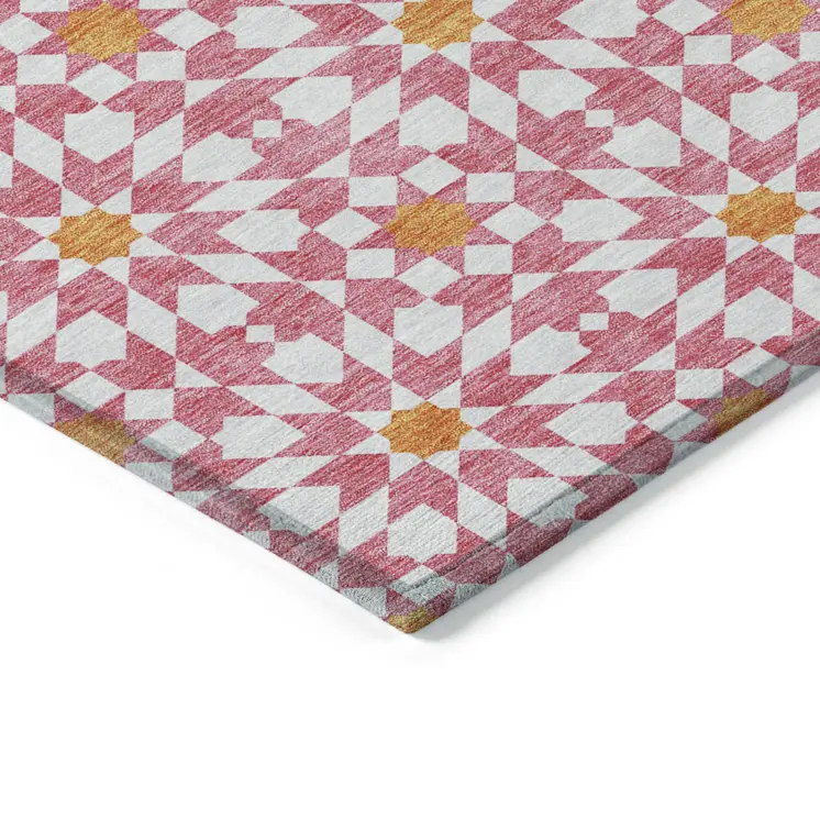 9' X 12' Pink Ivory And Orange Floral Medallion Washable Indoor Outdoor Area Rug
