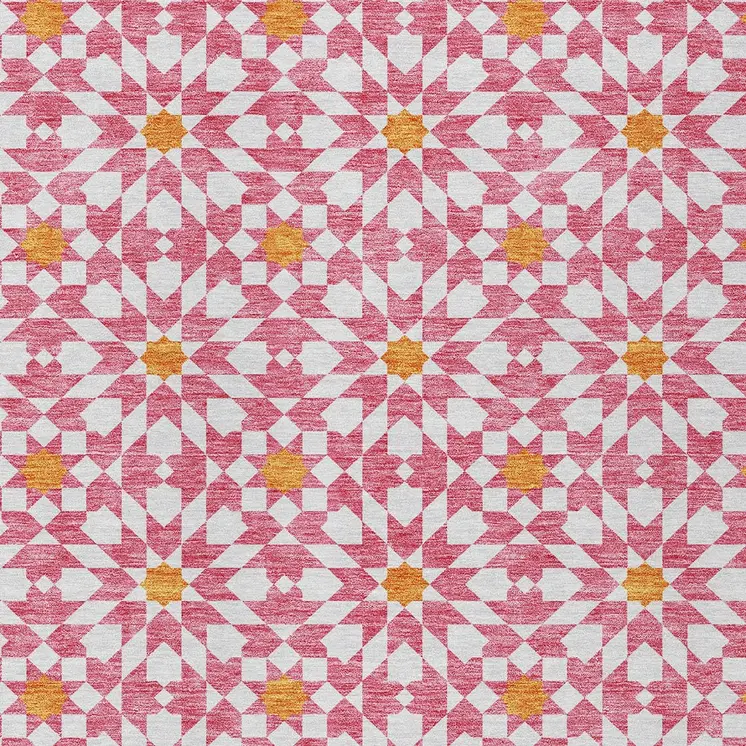 9' X 12' Pink Ivory And Orange Floral Medallion Washable Indoor Outdoor Area Rug