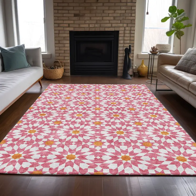 9' X 12' Pink Ivory And Orange Floral Medallion Washable Indoor Outdoor Area Rug