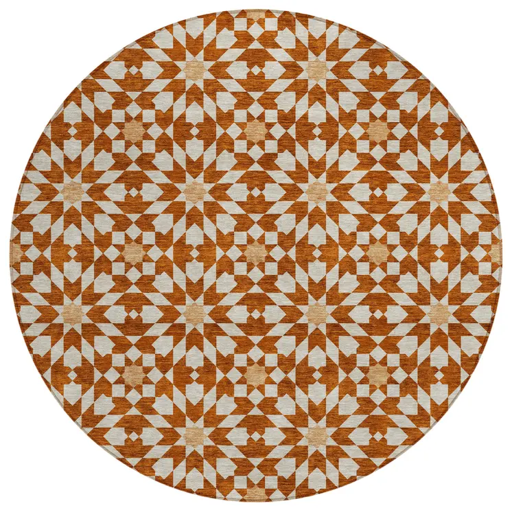 8' Orange Beige And Copper Round Floral Medallion Washable Indoor Outdoor Area Rug