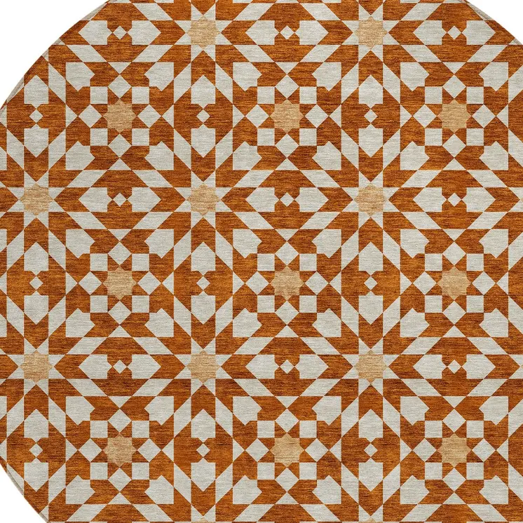 8' Orange Beige And Copper Round Floral Medallion Washable Indoor Outdoor Area Rug