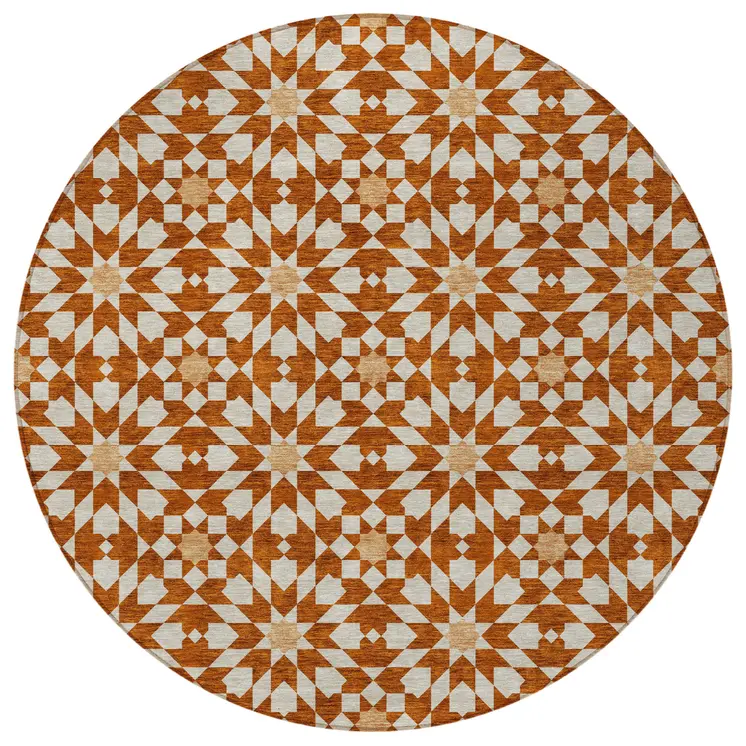 8' Orange Beige And Copper Round Floral Medallion Washable Indoor Outdoor Area Rug