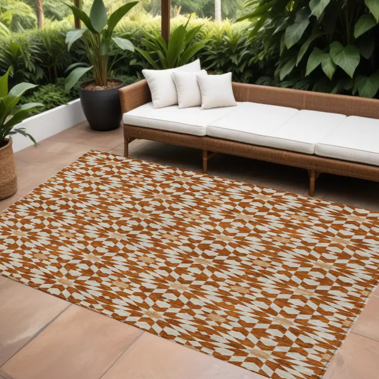 8' X 10' Orange Beige And Copper Floral Medallion Washable Indoor Outdoor Area Rug