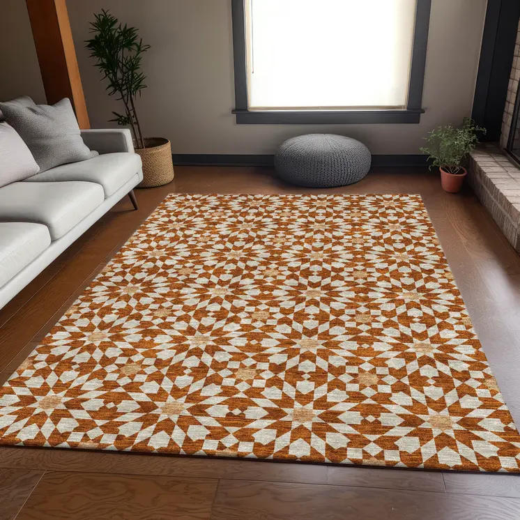 8' X 10' Orange Beige And Copper Floral Medallion Washable Indoor Outdoor Area Rug