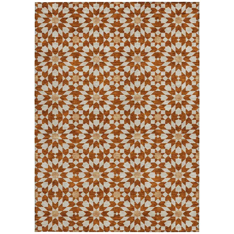 10' X 14' Orange Beige And Copper Floral Medallion Washable Indoor Outdoor Area Rug