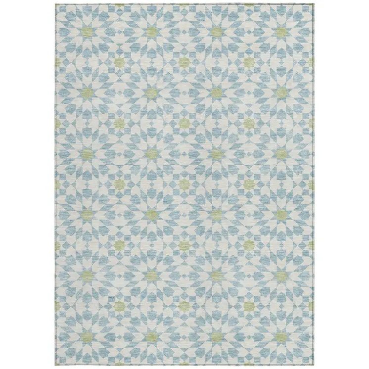 5' X 8' Sky Blue Ivory And Artichoke Green Floral Medallion Washable Indoor Outdoor Area Rug