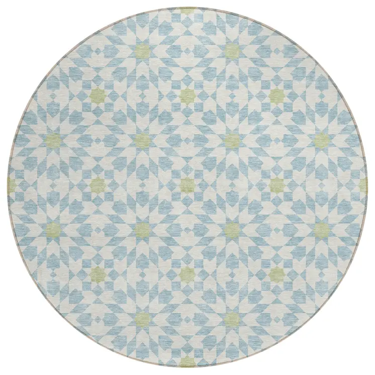 8' Sky Blue Ivory And Artichoke Green Round Floral Medallion Washable Indoor Outdoor Area Rug