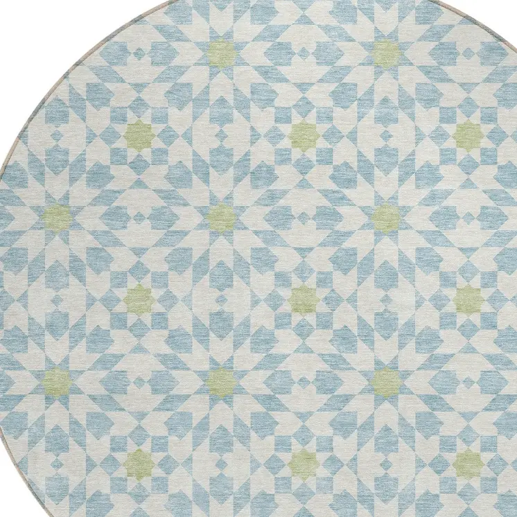 8' Sky Blue Ivory And Artichoke Green Round Floral Medallion Washable Indoor Outdoor Area Rug