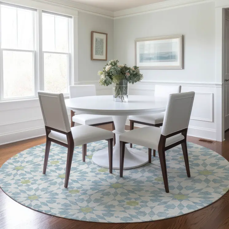 8' Sky Blue Ivory And Artichoke Green Round Floral Medallion Washable Indoor Outdoor Area Rug