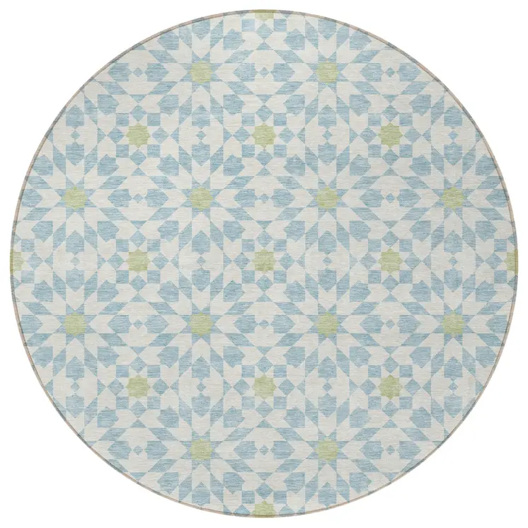 8' Sky Blue Ivory And Artichoke Green Round Floral Medallion Washable Indoor Outdoor Area Rug