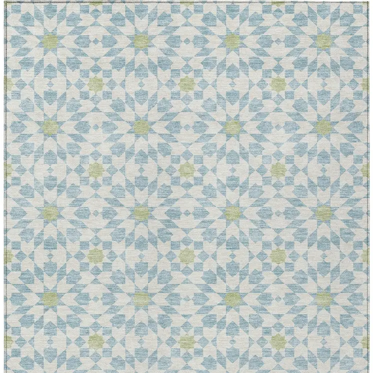 9' X 12' Sky Blue Ivory And Artichoke Green Floral Medallion Washable Indoor Outdoor Area Rug