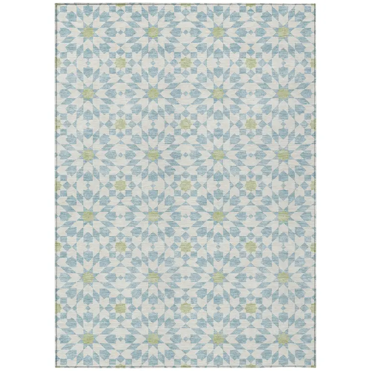 10' X 14' Sky Blue Ivory And Artichoke Green Floral Medallion Washable Indoor Outdoor Area Rug