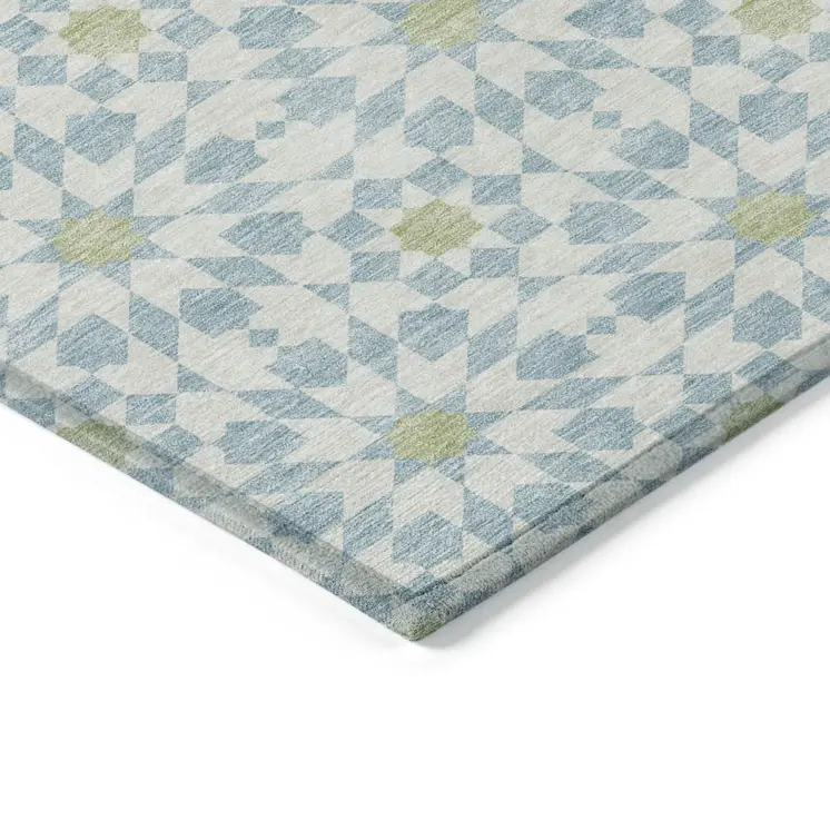 10' X 14' Sky Blue Ivory And Artichoke Green Floral Medallion Washable Indoor Outdoor Area Rug