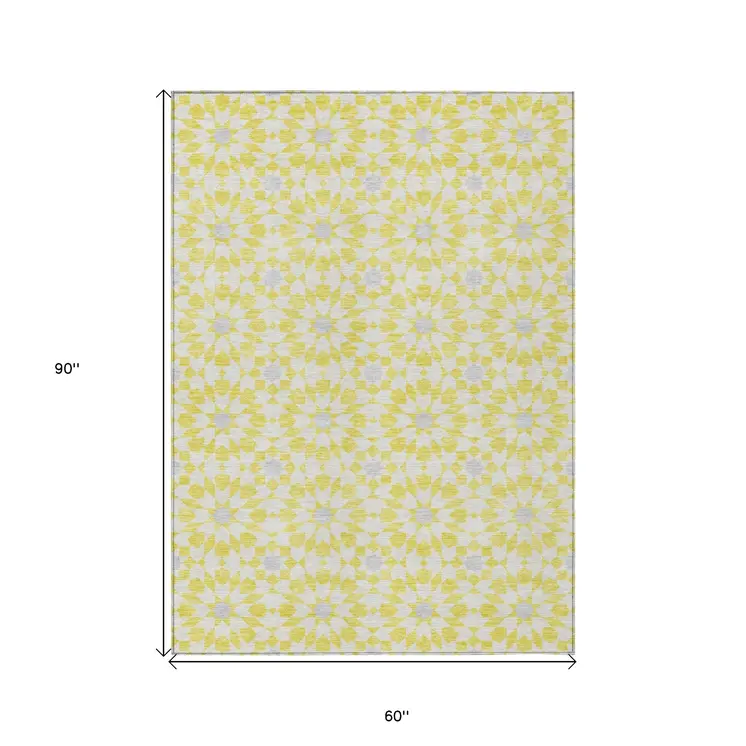 5' X 8' Yellow Ivory And Gray Floral Medallion Washable Indoor Outdoor Area Rug