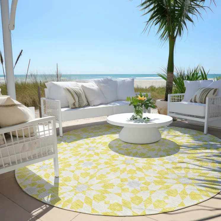 8' Yellow Ivory And Gray Round Floral Medallion Washable Indoor Outdoor Area Rug