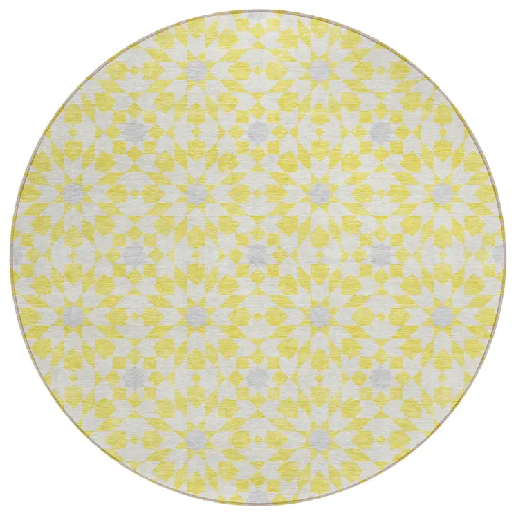 8' Yellow Ivory And Gray Round Floral Medallion Washable Indoor Outdoor Area Rug