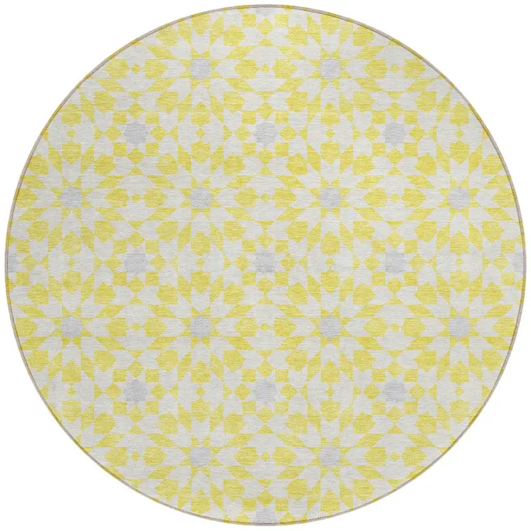 8' Yellow Ivory And Gray Round Floral Medallion Washable Indoor Outdoor Area Rug