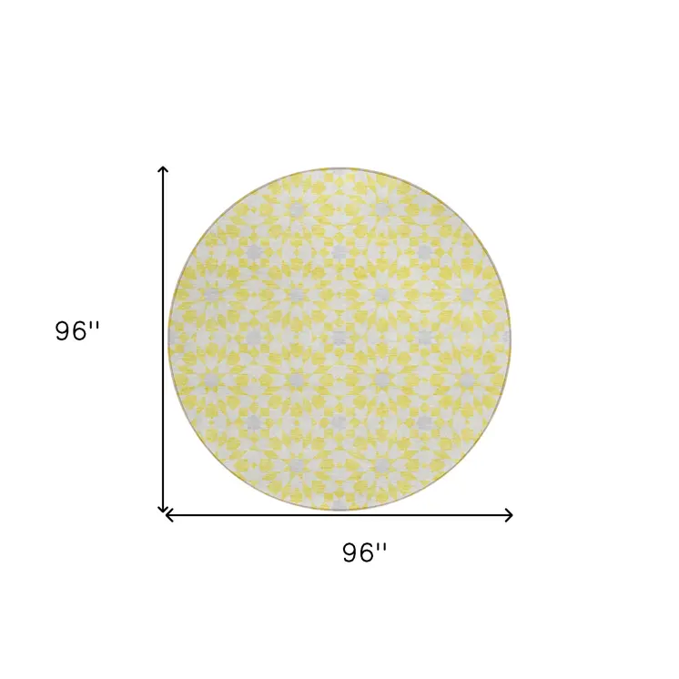 8' Yellow Ivory And Gray Round Floral Medallion Washable Indoor Outdoor Area Rug