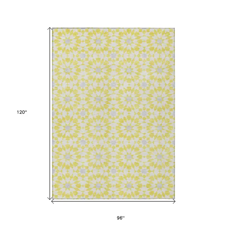 8' X 10' Yellow Ivory And Gray Floral Medallion Washable Indoor Outdoor Area Rug