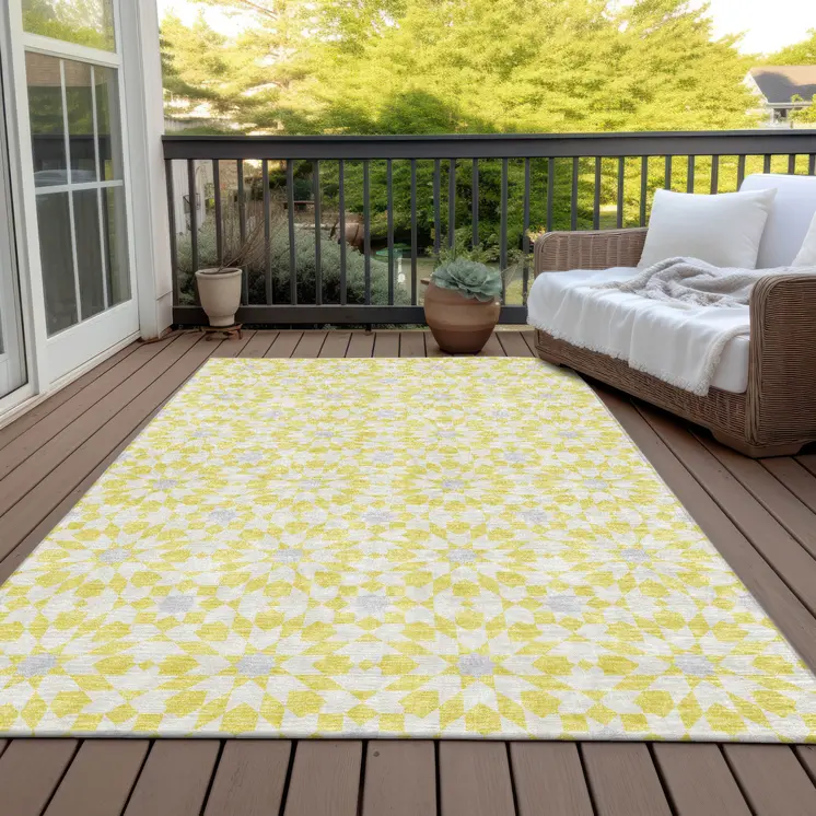 8' X 10' Yellow Ivory And Gray Floral Medallion Washable Indoor Outdoor Area Rug