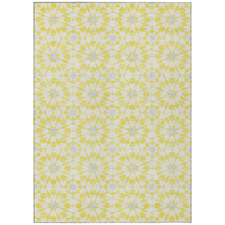 8' X 10' Yellow Ivory And Gray Floral Medallion Washable Indoor Outdoor Area Rug