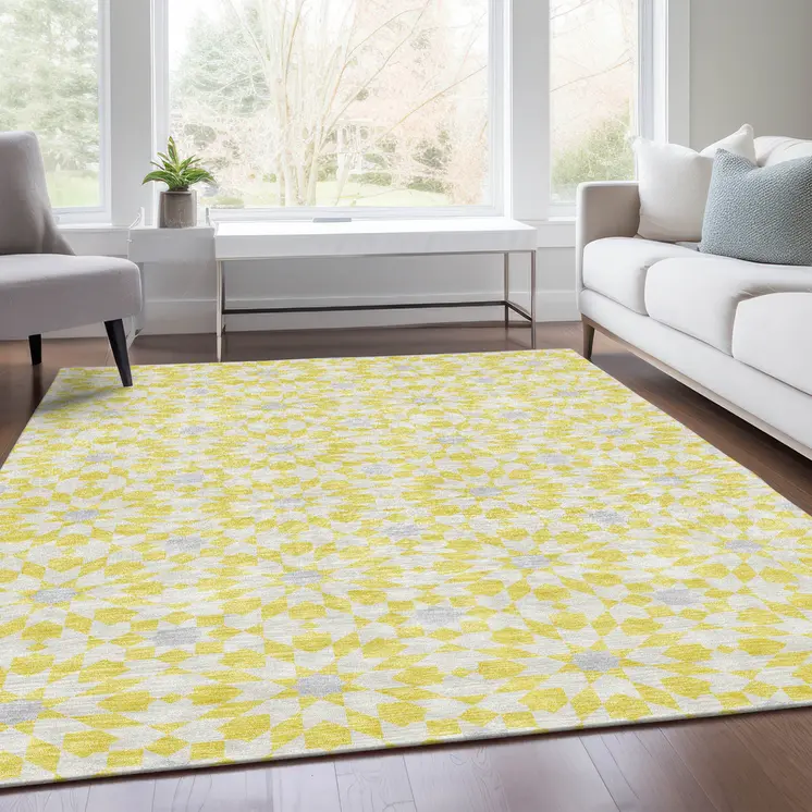 9' X 12' Yellow Ivory And Gray Floral Medallion Washable Indoor Outdoor Area Rug