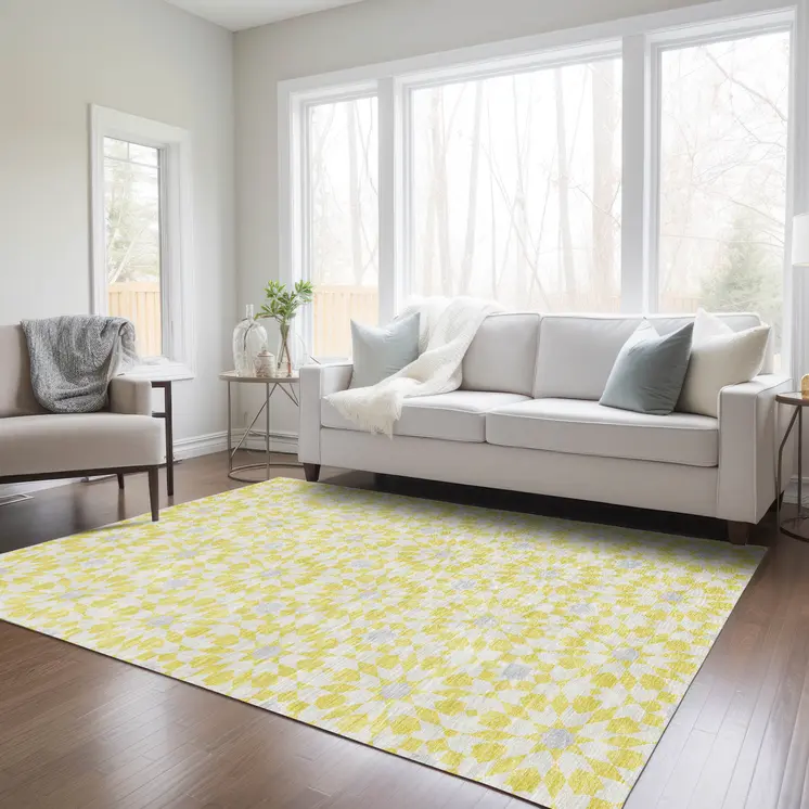 10' X 14' Yellow Ivory And Gray Floral Medallion Washable Indoor Outdoor Area Rug
