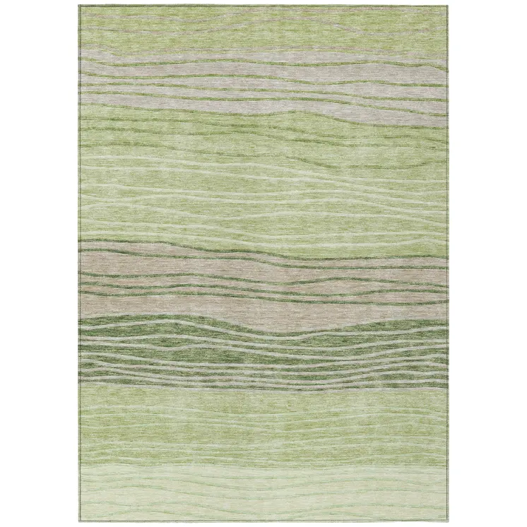 5' X 8' Artichoke Green And Taupe Striped Washable Indoor Outdoor Area Rug