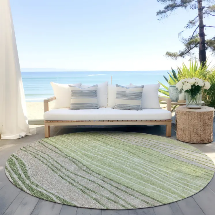 8' Artichoke Green And Taupe Round Striped Washable Indoor Outdoor Area Rug