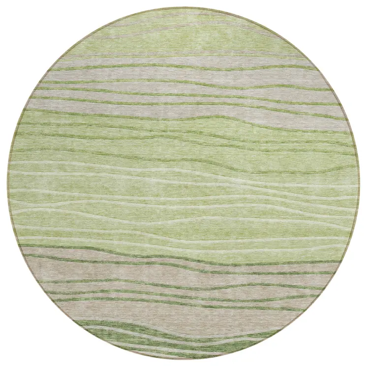 8' Artichoke Green And Taupe Round Striped Washable Indoor Outdoor Area Rug