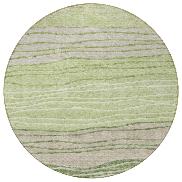 8' Artichoke Green And Taupe Round Striped Washable Indoor Outdoor Area Rug