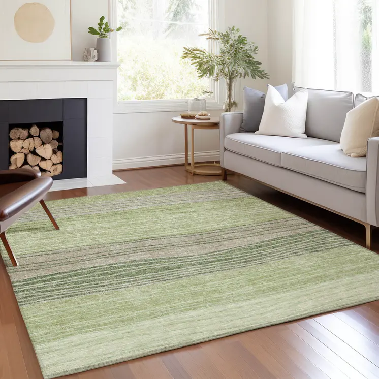 8' X 10' Artichoke Green And Taupe Striped Washable Indoor Outdoor Area Rug