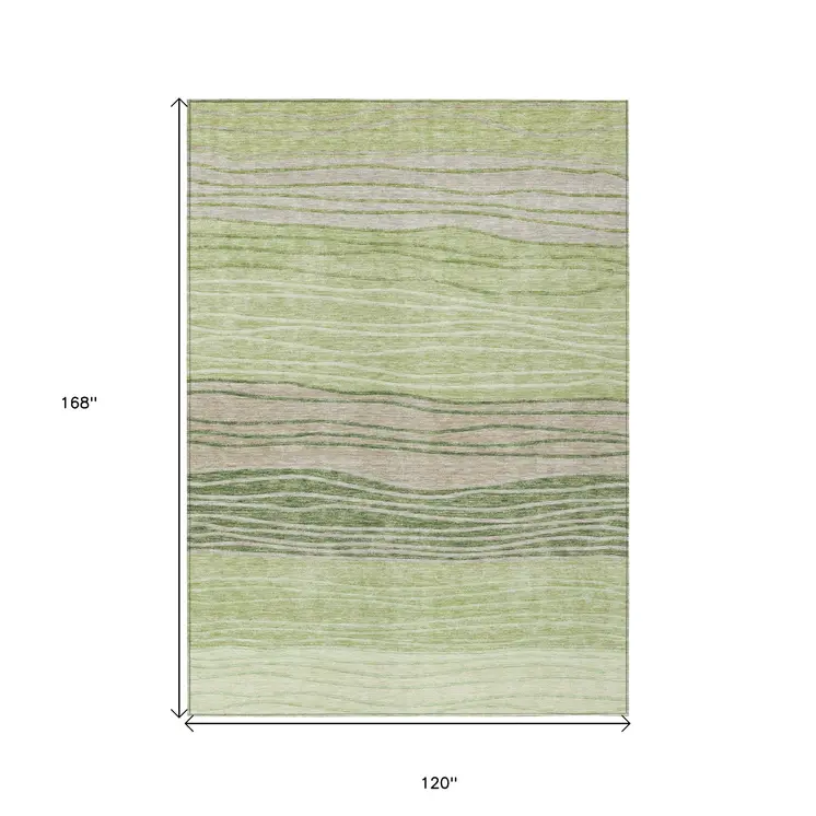 10' X 14' Artichoke Green And Taupe Striped Washable Indoor Outdoor Area Rug